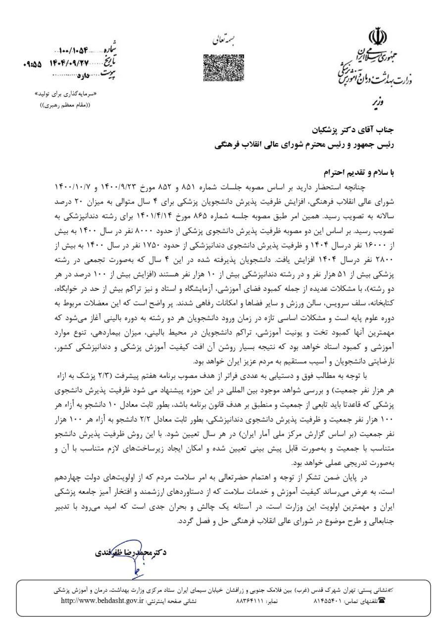 پیشنهاد جدید وزیر بهداشت به رئیس جمهور در مورد شیوه تعیین ظرفیت پزشکی پیشنهاد جدید وزیر بهداشت به رئیس جمهور در مورد شیوه تعیین ظرفیت پزشکی