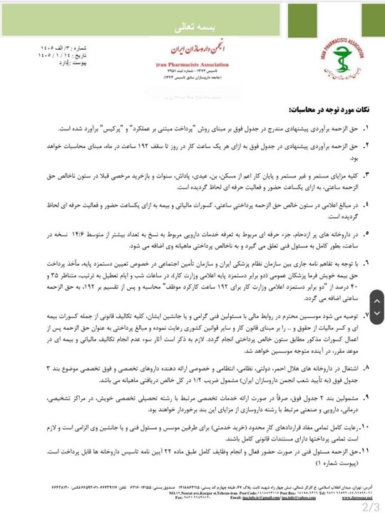 حق الزحمه داروخانهها اعلام شد+ نامه حق الزحمه داروخانهها اعلام شد+ نامه