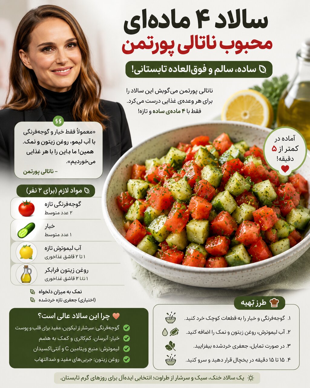 سالاد محبوب ناتالی پورتمن، مشابه سالاد شیرازی؛ یک انتخاب خنک، سالم و تابستانی سالاد محبوب ناتالی پورتمن، مشابه سالاد شیرازی؛ یک انتخاب خنک، سالم و تابستانی
